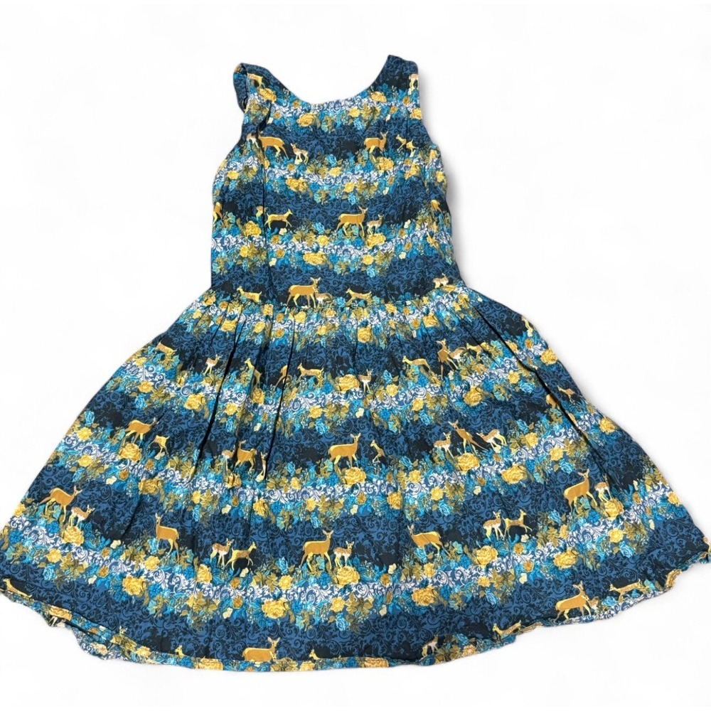 American Girl Dress Size 8 Blue Floral Deer‎ Print Sleeveless Twirl Dress